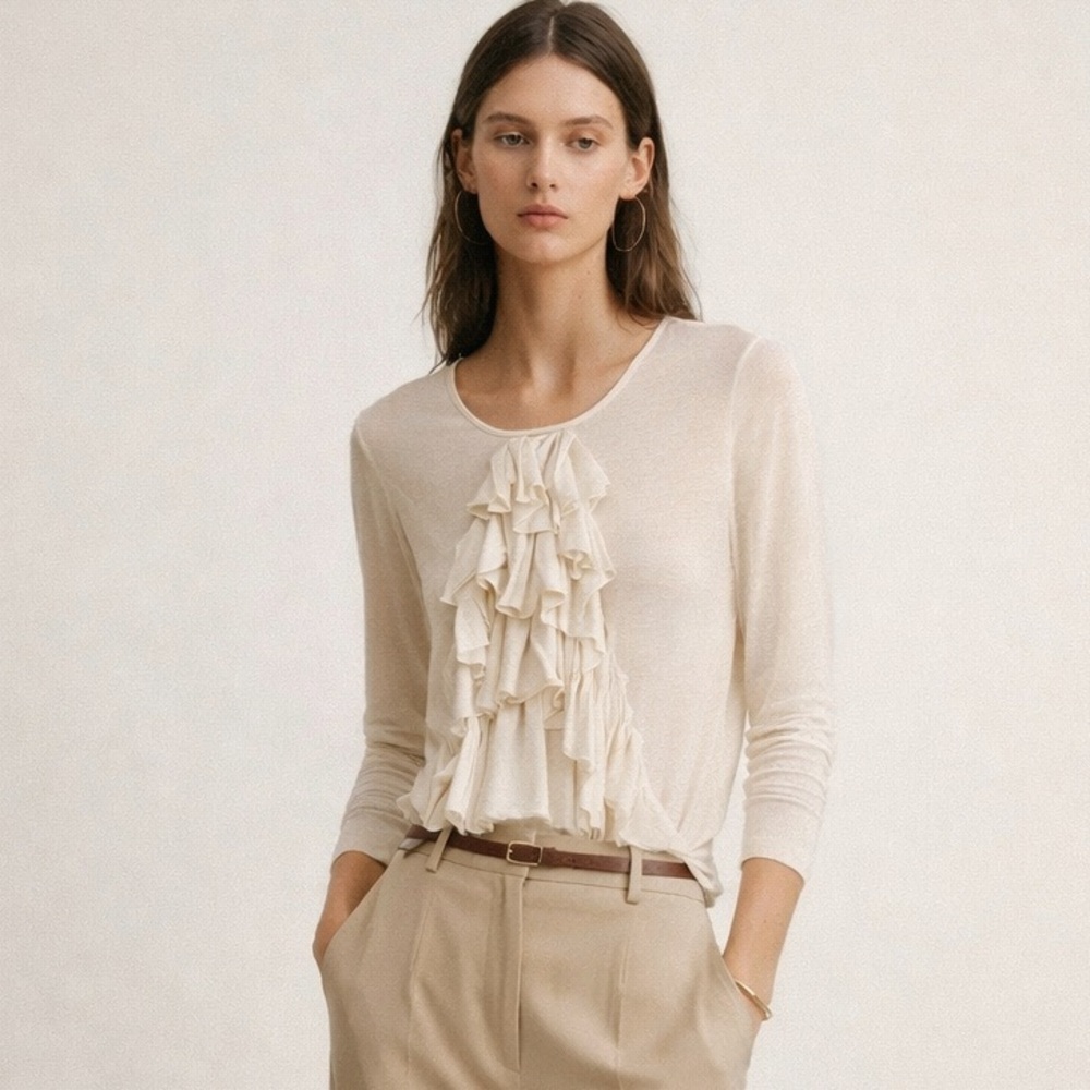 Ralph Lauren ultra fine knit semi-sheer ivory knit long sleeve ruffle top. Large